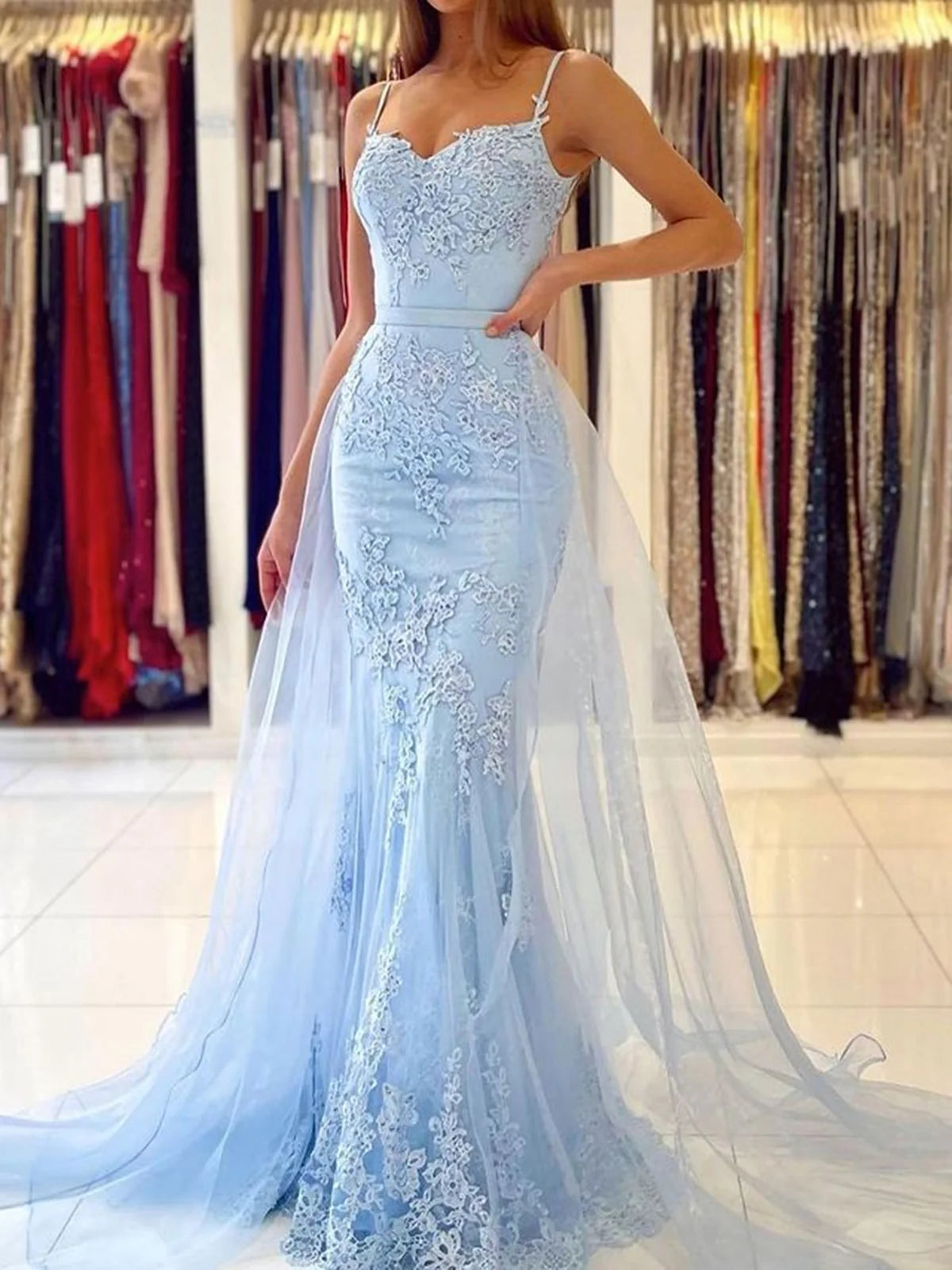 Sky Blue Lace Mermaid Prom Dresses